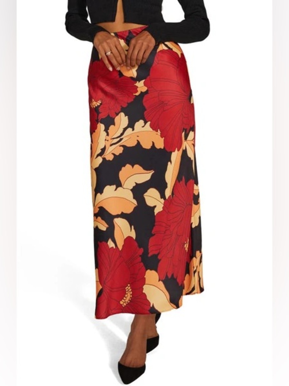 Favorite Daughter Black Midi Slip Skirt in Floral Print